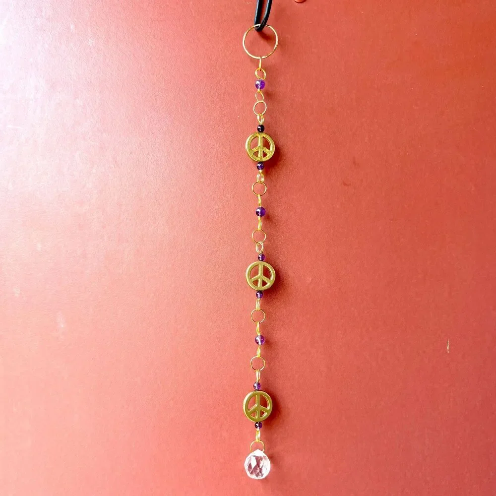 Amethyst Peace Sign Wall Hanging Gold Peace Charm Amethyst Beads Crystal Prism